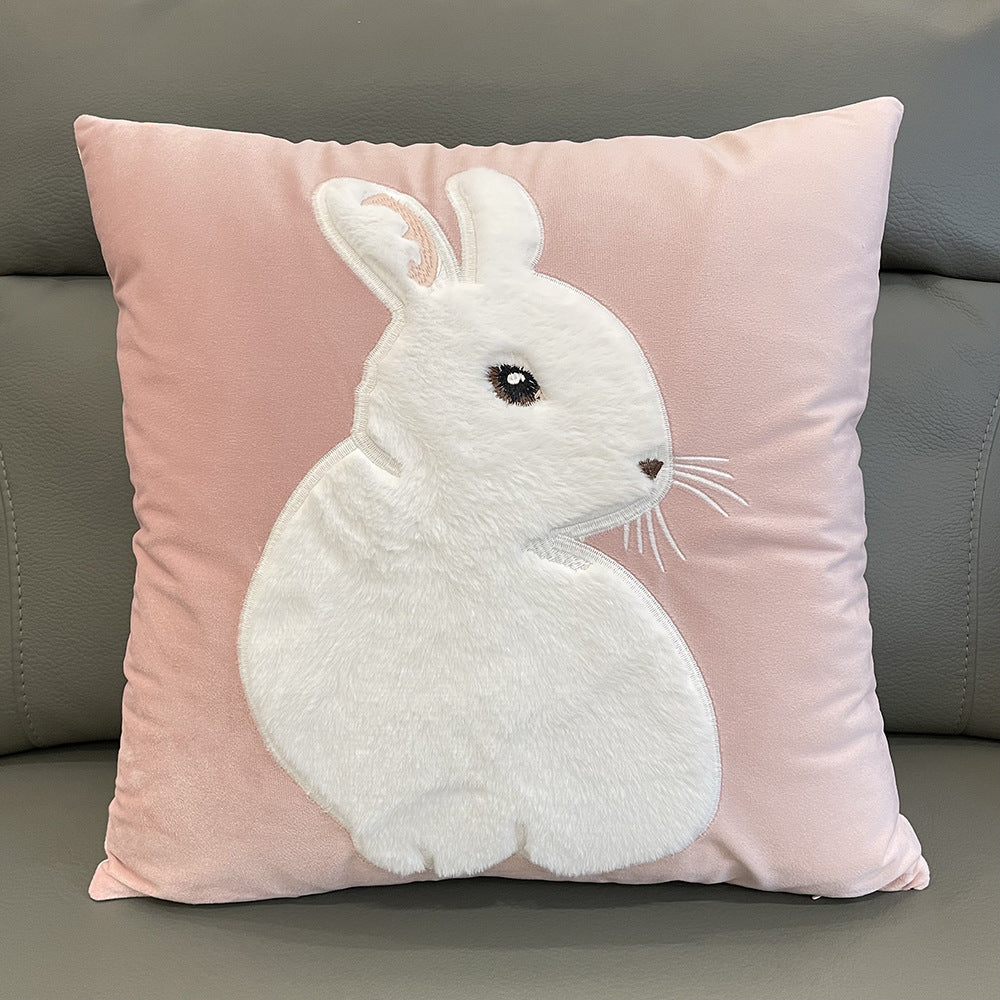 Soft Rabbit Pillow Cover Sofa Cushion Velvet Embroidered Pillow Girl's Heart Pink Cartoon Pillow Cover Cute - 45x45cm(Pillowcase) Pink profile bunny -
