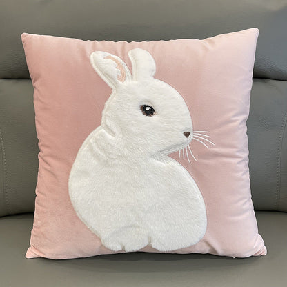 Soft Rabbit Pillow Cover Sofa Cushion Velvet Embroidered Pillow Girl's Heart Pink Cartoon Pillow Cover Cute - 45x45cm(Pillowcase) Pink profile bunny -
