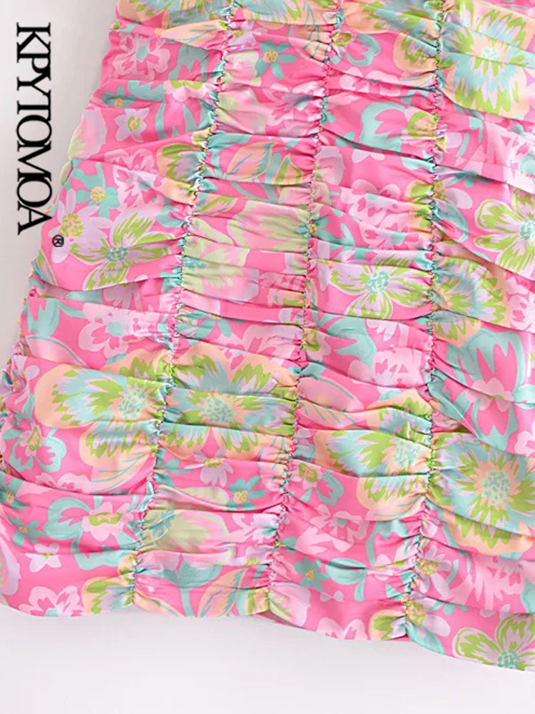 Floral Print Pleated Mini Dress - - dress