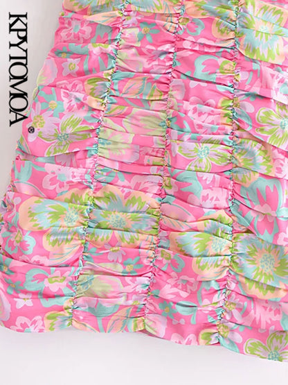 Floral Print Pleated Mini Dress - - dress