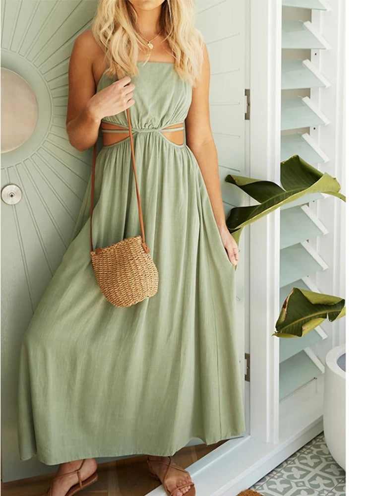 Lace-up Waist Collar Sling Cotton and Linen Dress - - dress