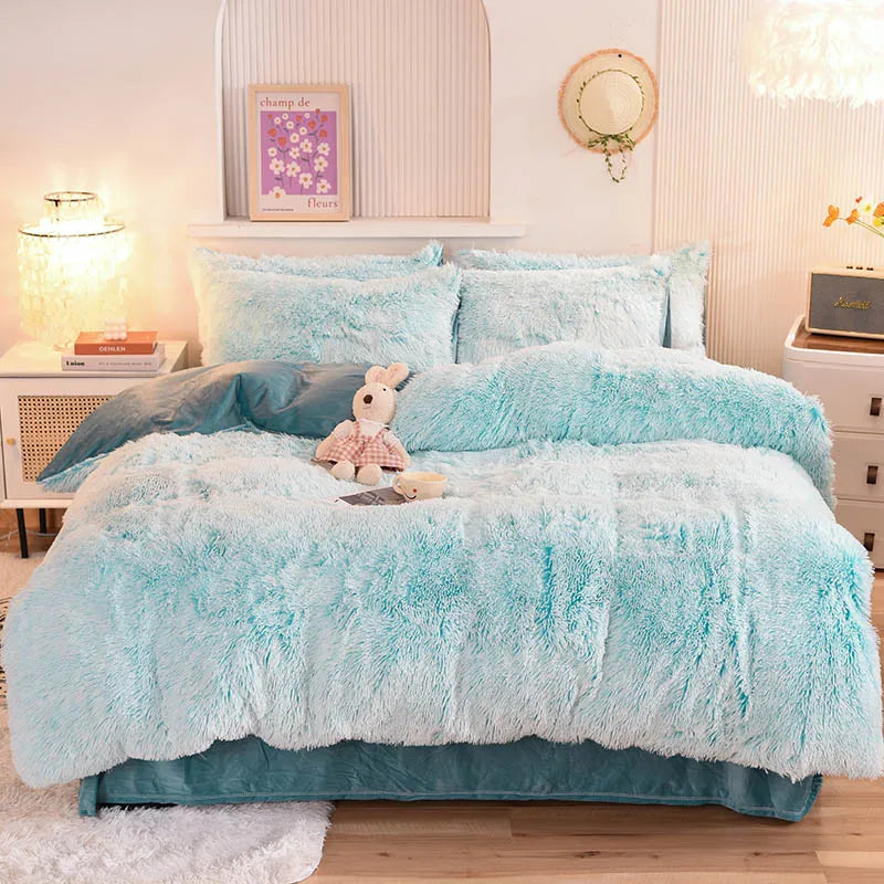 Rainbow Color Velvet Fluffy Plush Soft Bedding Bed Warm for Girl Sheet Set 4