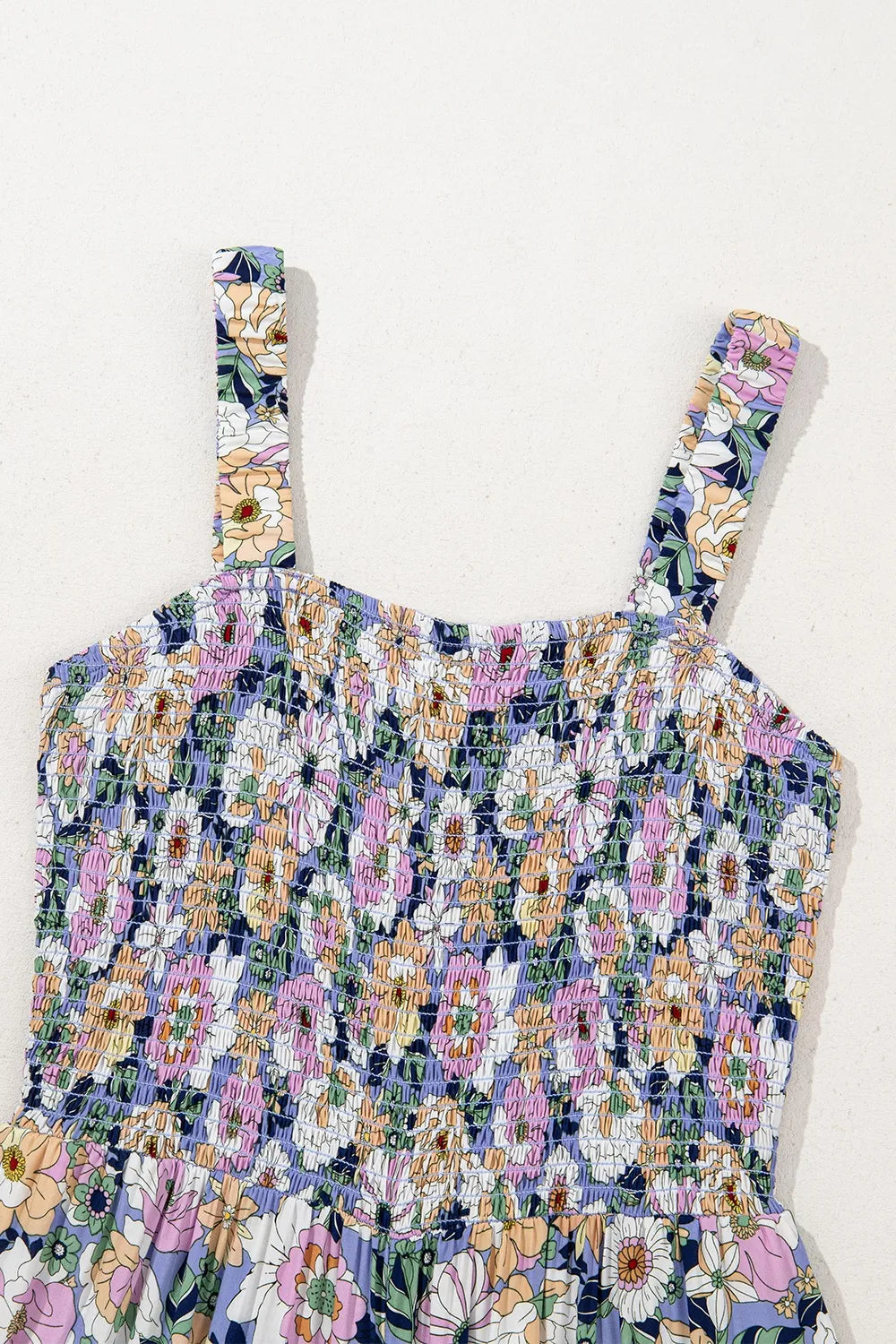 Floral Print Smocked High Waist Square Neck Jumpsuit - -