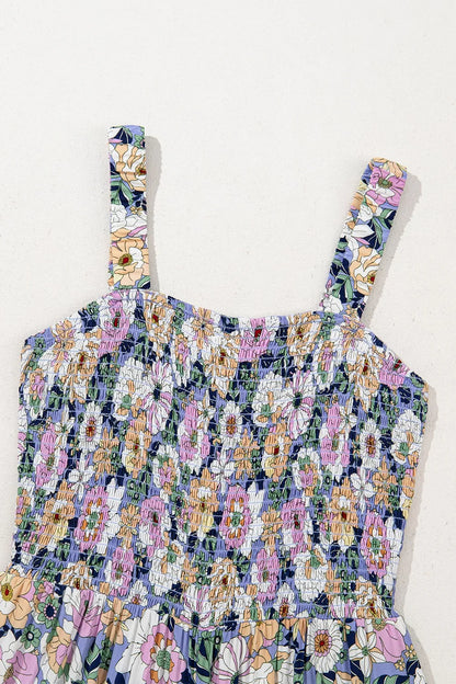 Floral Print Smocked High Waist Square Neck Jumpsuit - -