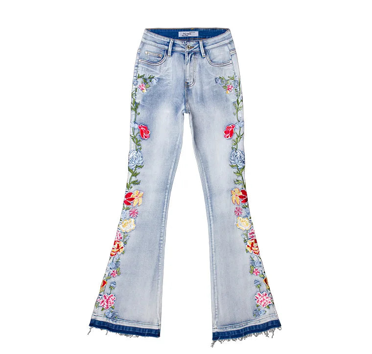 Women Flared Jean Mujer Embroidered Pants Flared Jean Extra Long Floral