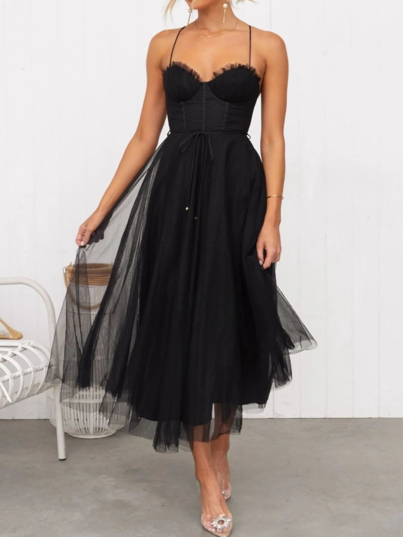 Sweetheart Neck Tulle Midi Dress - Black -