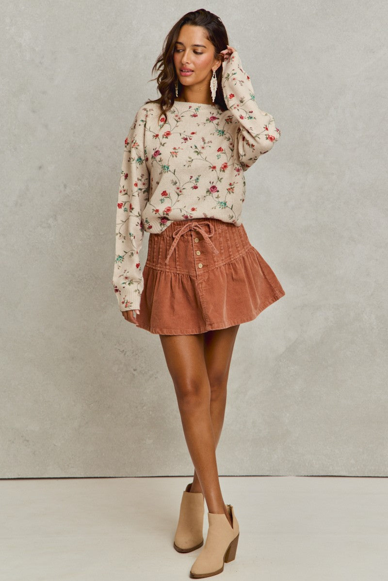 SO ME Mineral Wash Pintucked Corduroy Mini Flared Skirt - -