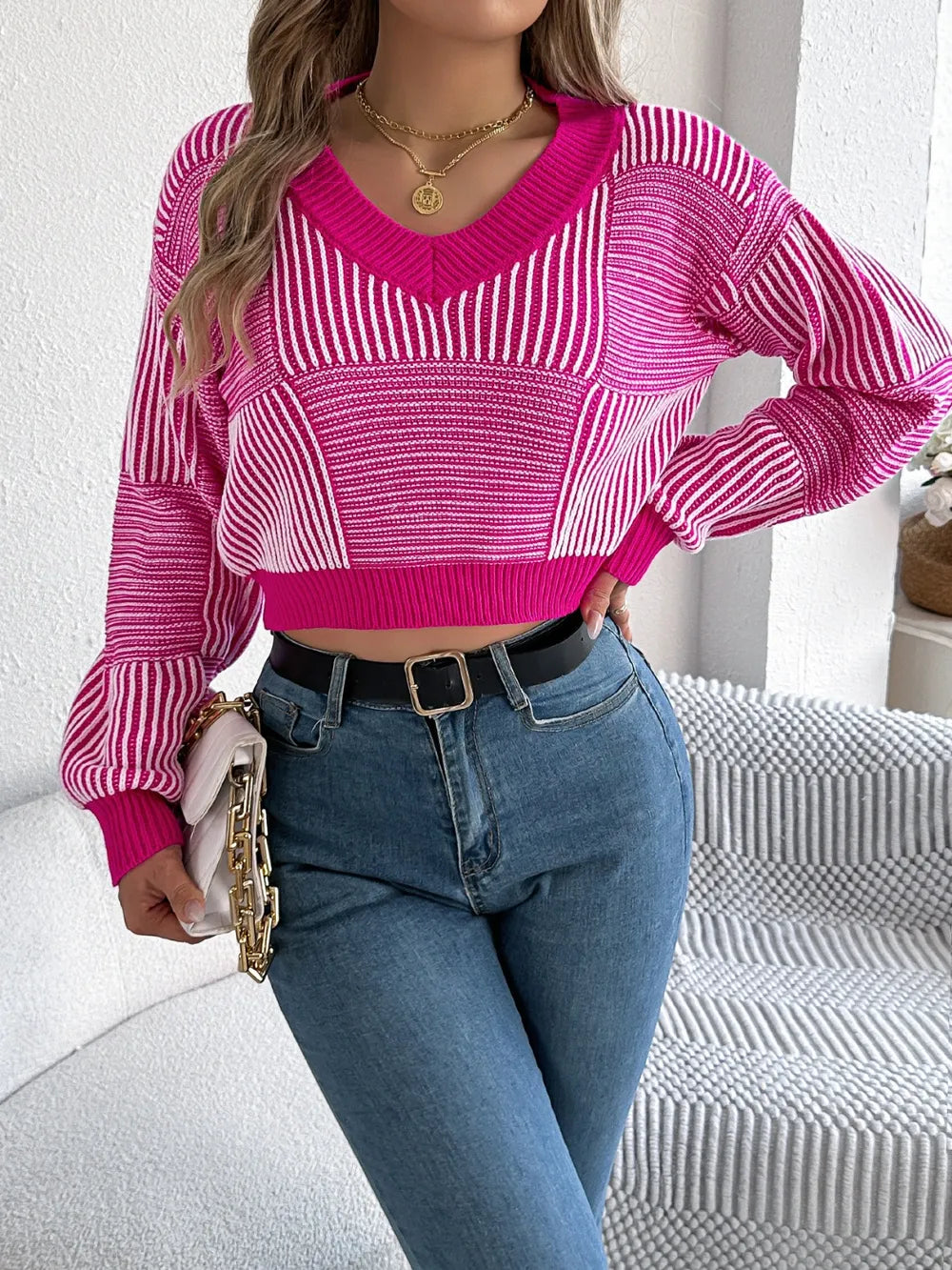 Striped V-Neck Long Sleeve Sweater - -