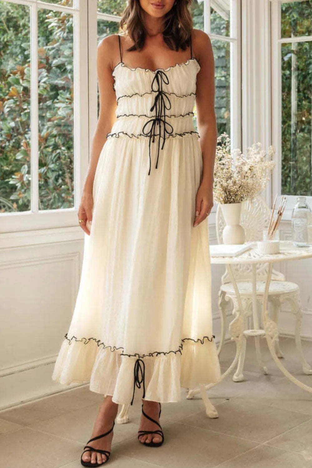 Frill Tied Front Midi Cami Dress - -