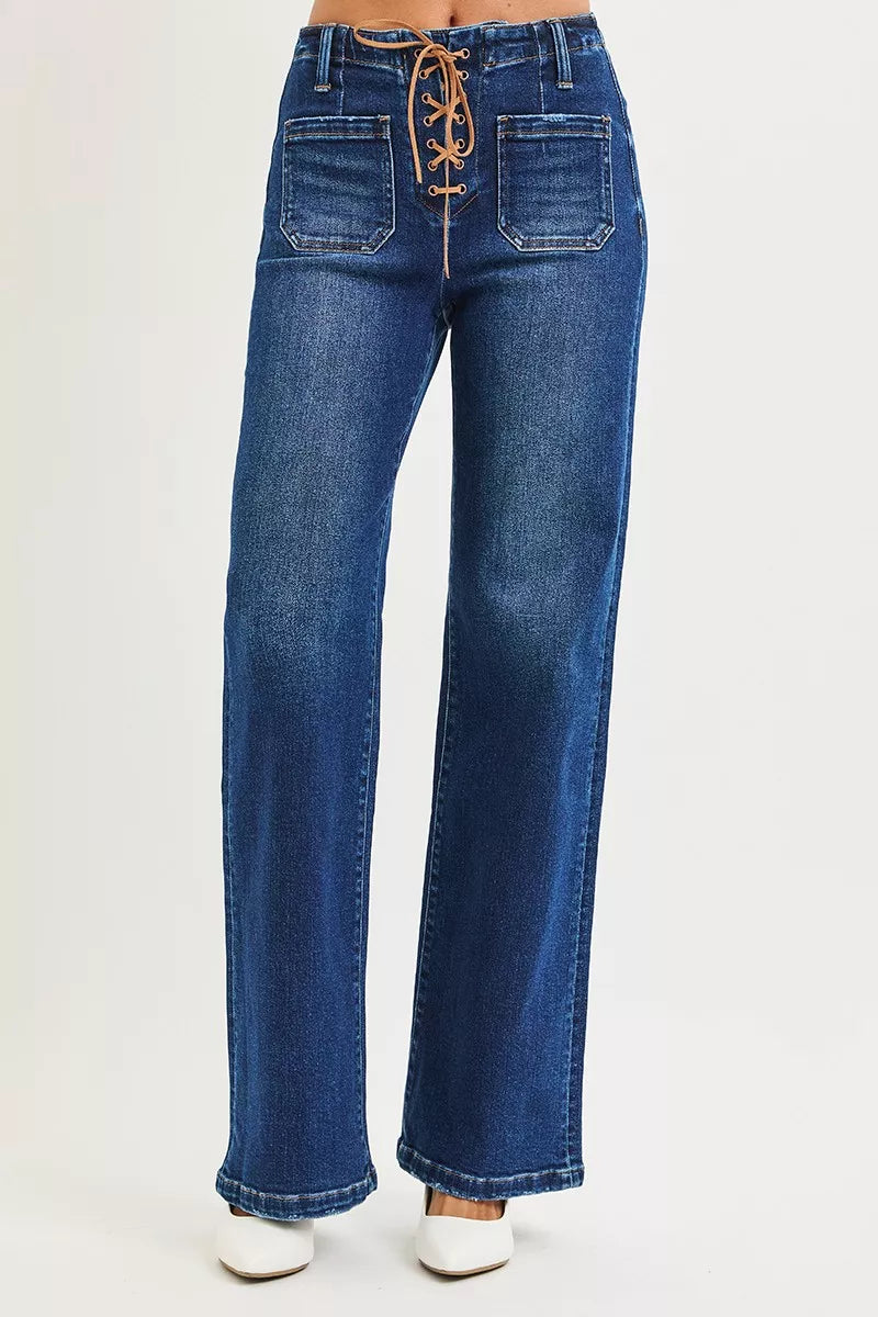 RISEN Full Size High Rise Wide Leg Jeans with Front Tie - - jeans