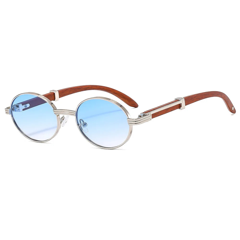 Retro Vintage Faux Wood Small Round Metal Sunglasses