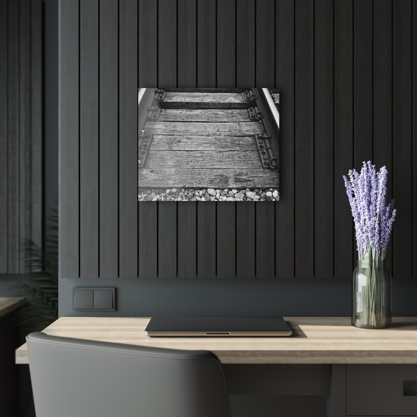 Railroad Track Black & White Acrylic Print — Vintage Track Photography Wall Art French Cleat Hanging - 20″ x 16″ (Horizontal) 0.25'' - Home Decor
