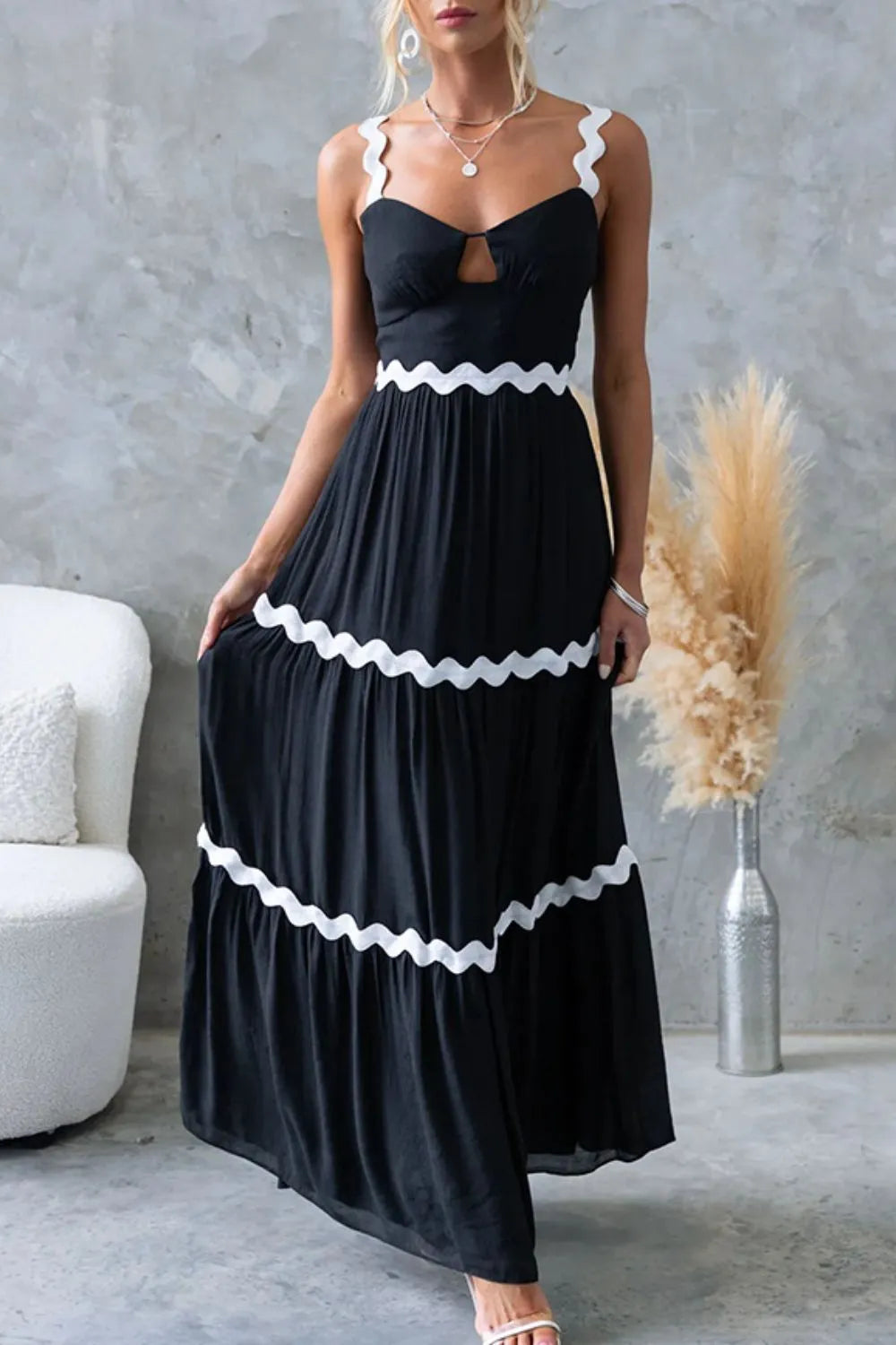 Tiered Maxi Dress with Scalloped Trim - Black -