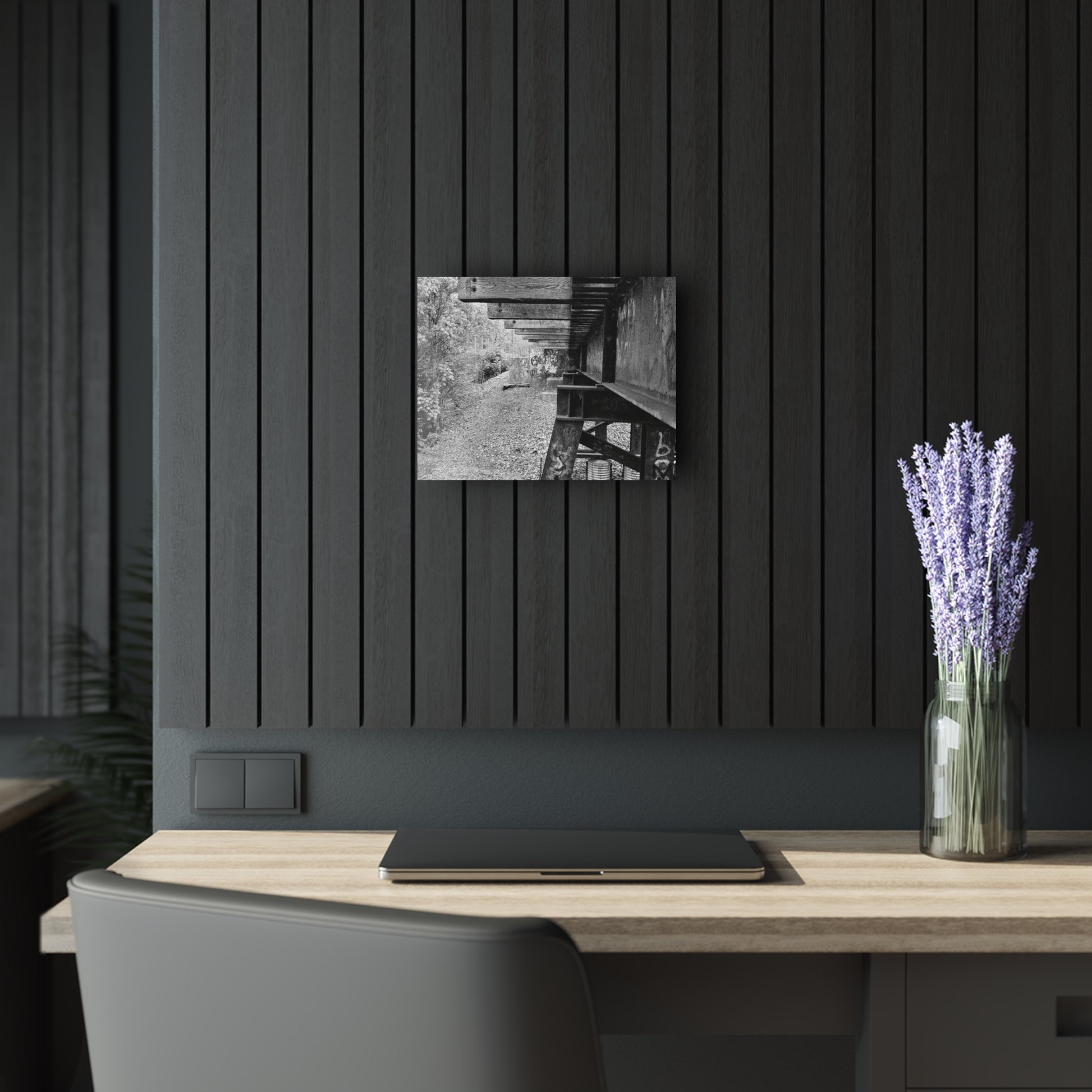 Black & White Train Trestle Acrylic Print — Rustic Industrial Wall Art French Cleat - 14″ x 11″ (Horizontal) 0.25'' - Home Decor