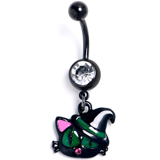 Clear Pink Gem Black Halloween Hat Cat Dangle Belly Ring - - BELLY RING Dangle