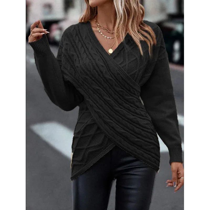 Women's V-Neck Long Sleeve Overlap Braided Sweater Solid Color Knitted Sweater