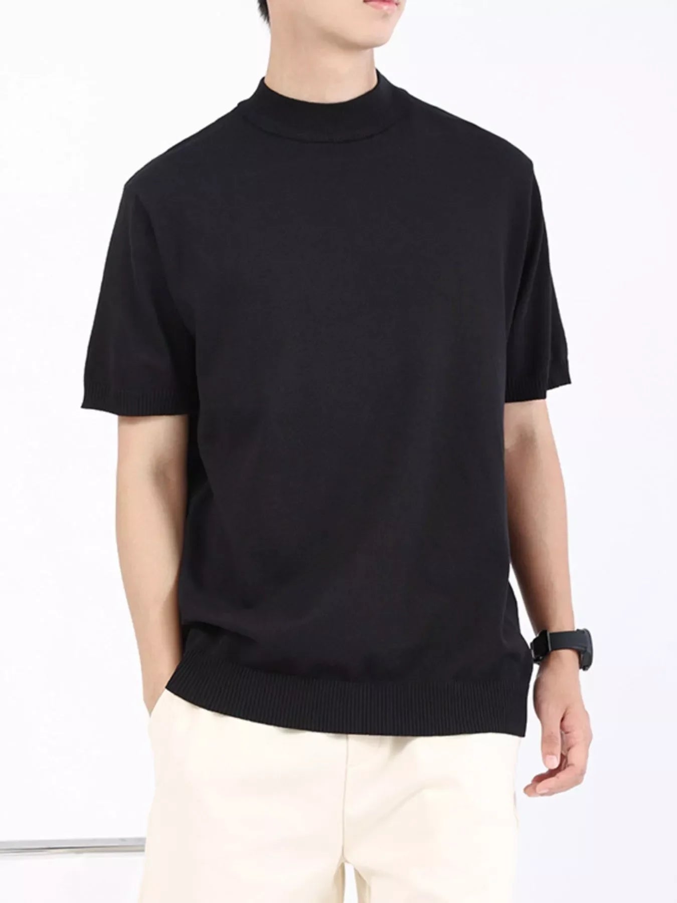 Men's Plus Size Mock Neck Knitted T-Shirt - -