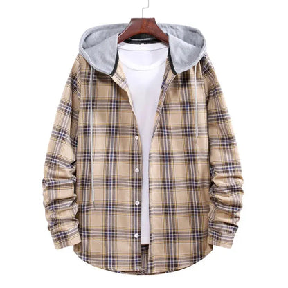 Work Shirt With Hood Mens Plaid Hoodie Shirt Khaki