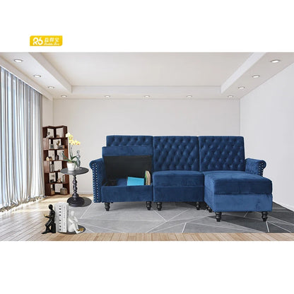 Modern Blue Velvet Chesterfield Sofa 3 Seat With Stool