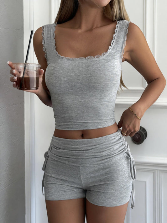 Lace Trim Tank Top and Drawstring Shorts Set - - Short Sets