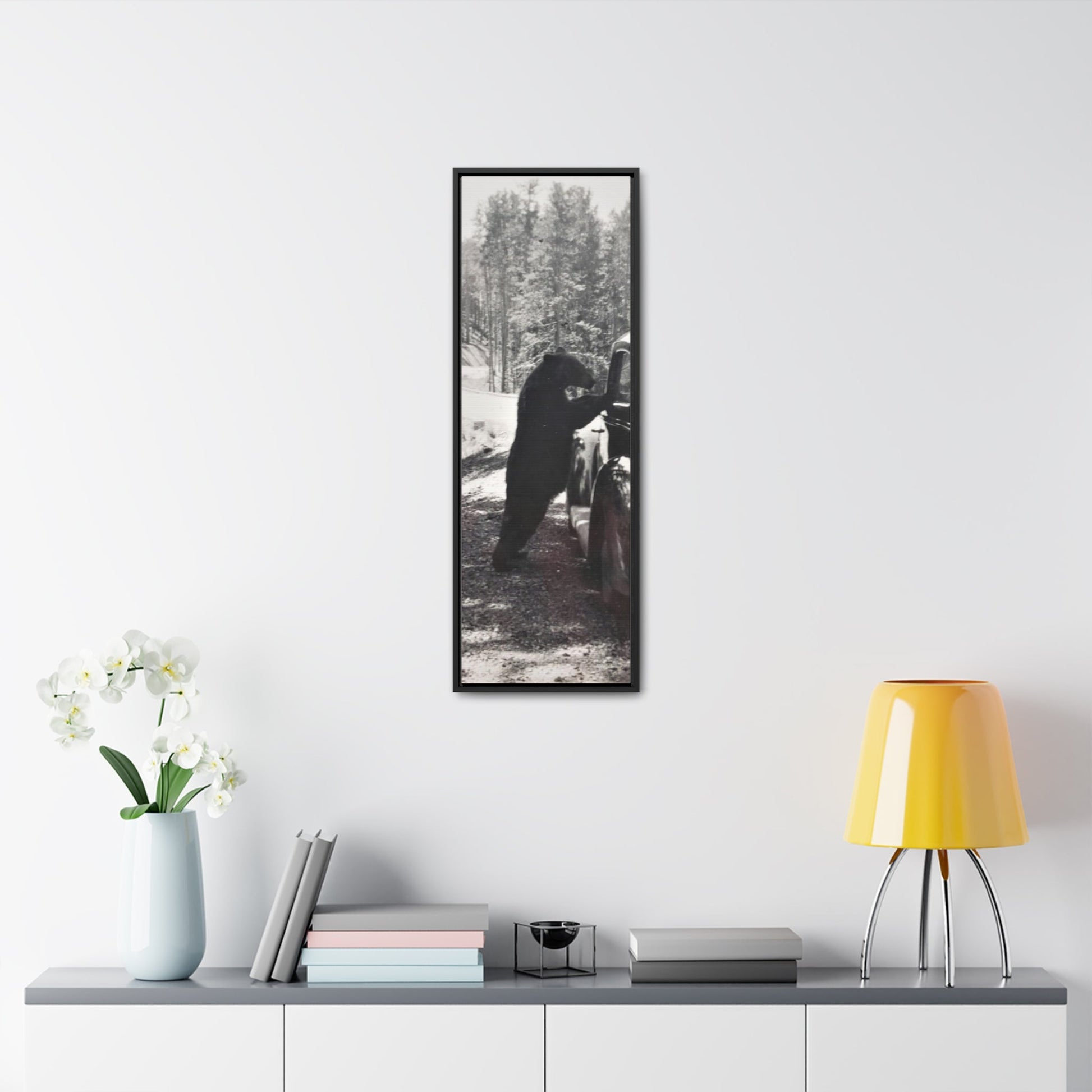 Yellowstone Bear Car Gallery Canvas Wraps Vertical Frame - 12″ x 36″ Premium Gallery Wraps (1.25″) Black - Canvas