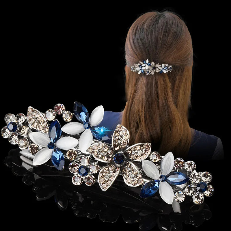 Retro Design Flower Spring Clip Handmade Shiny Rhinestone Hair Clips