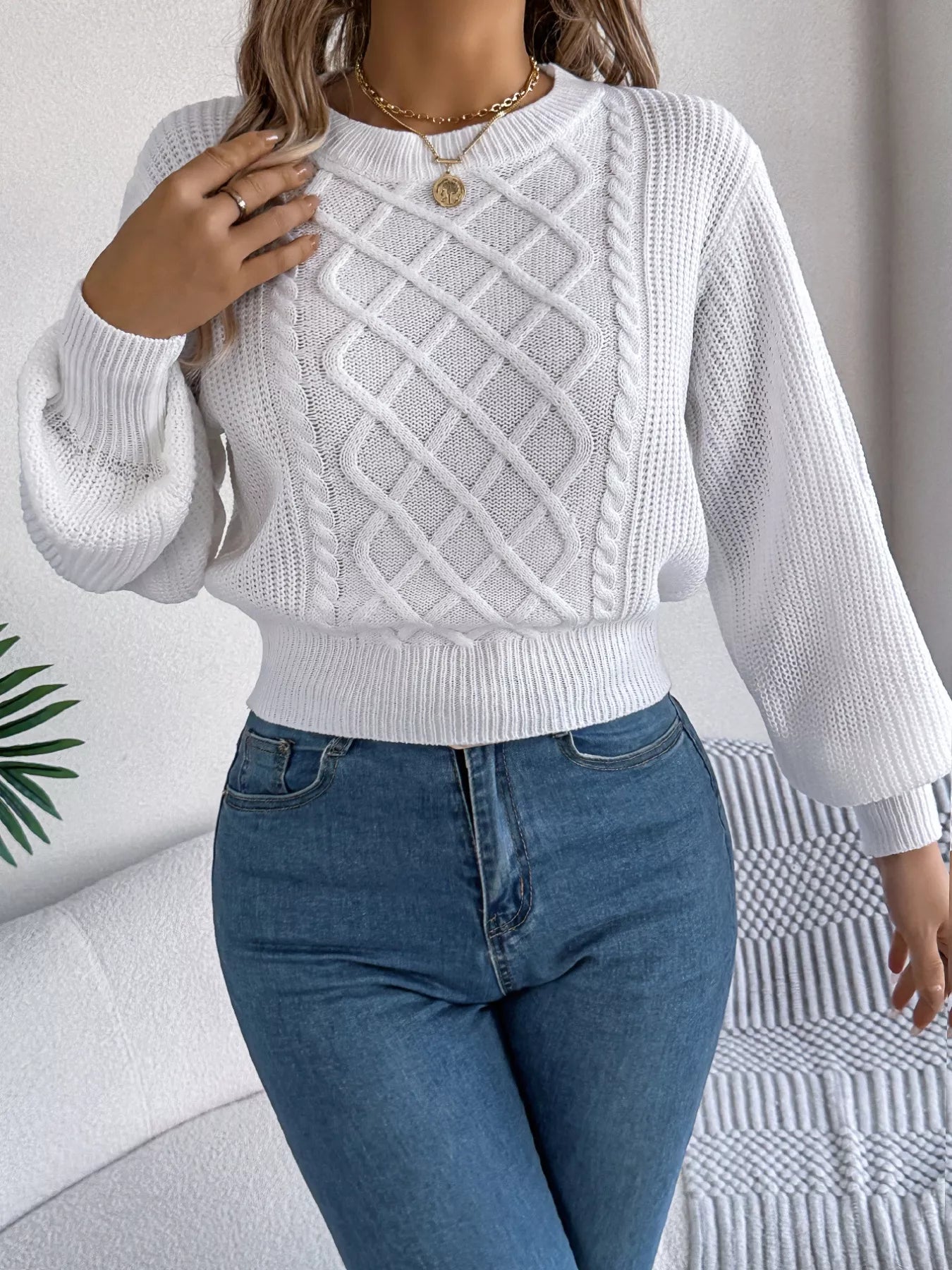 Cable Knit Diamond Pattern Long Sleeve Sweater - -