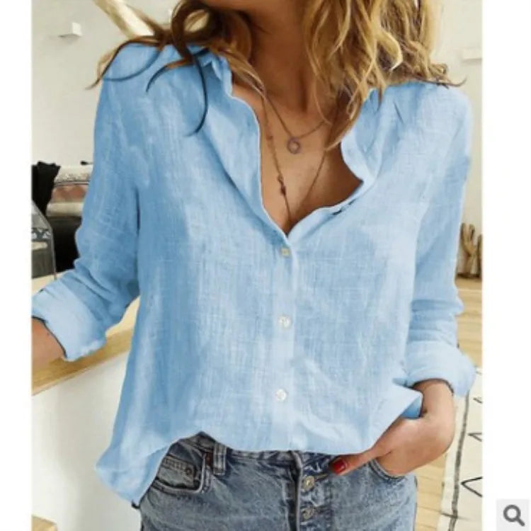 Women Casual Cotton Linen Loose Shirt Vintage Long Sleeve Button Up Shirts