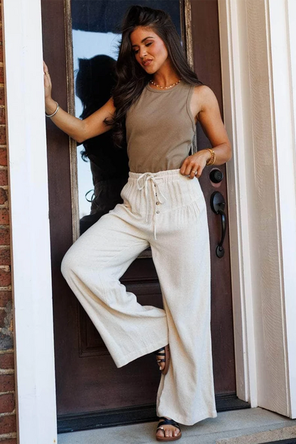 Jet Stream Drawstring Elastic Waist Button Pleated Detail Wide Leg Pants - - Bottoms/Pants & Culotte