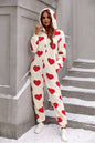 Fuzzy Heart Zip Up Hooded Lounge Jumpsuit - Deep Red -