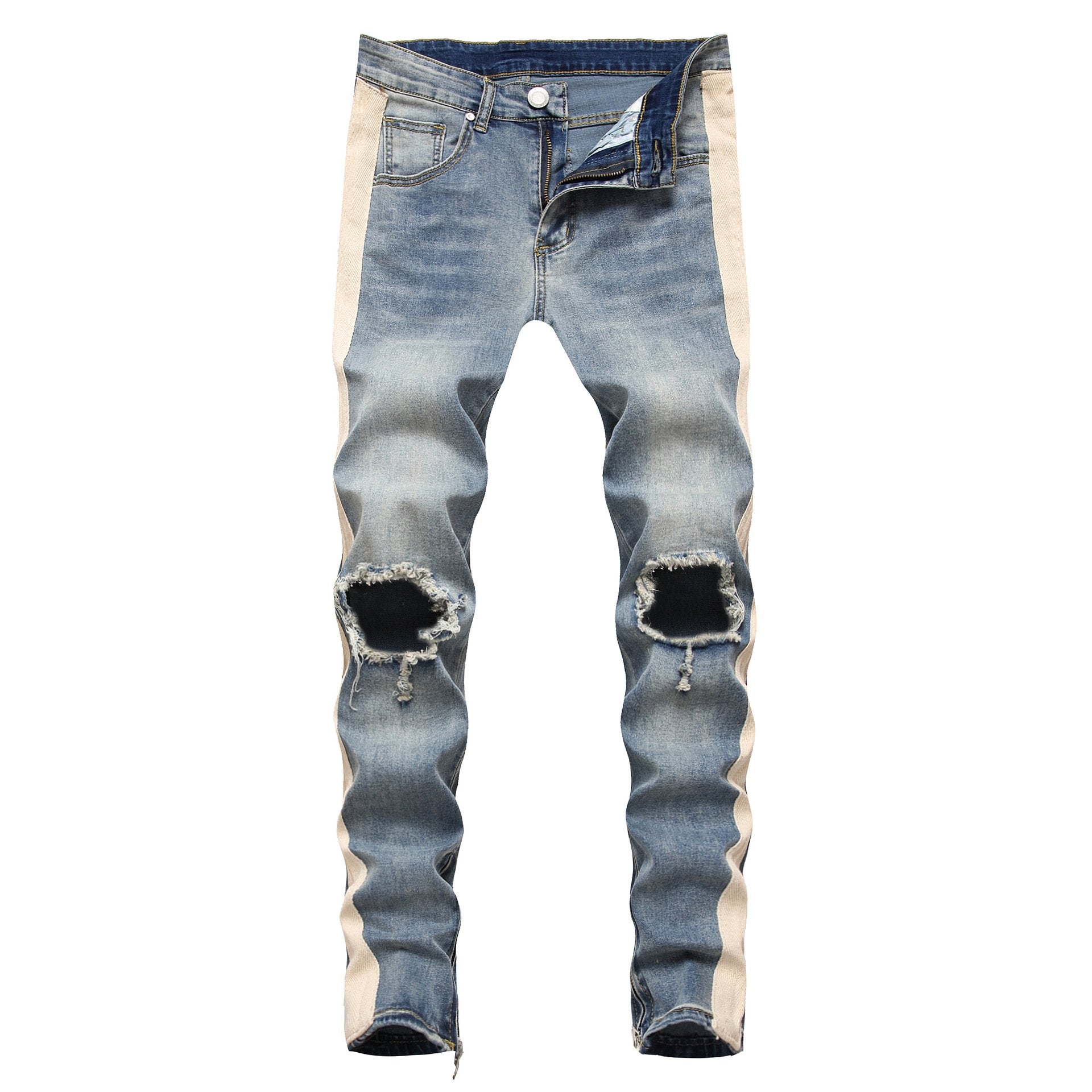 Mens Retro White Striped Ripped Jeans - - jeans