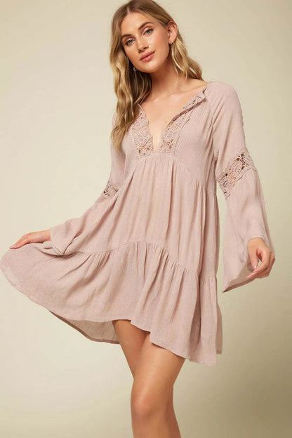 Viscose Breathable Long Sleeves v Neck Tunic Short Dress Cover Up