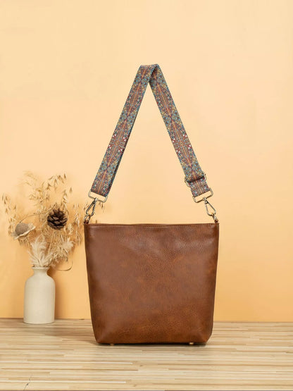 PU Leather Crossbody Bag with Patterned Strap - Tan ONESIZE -