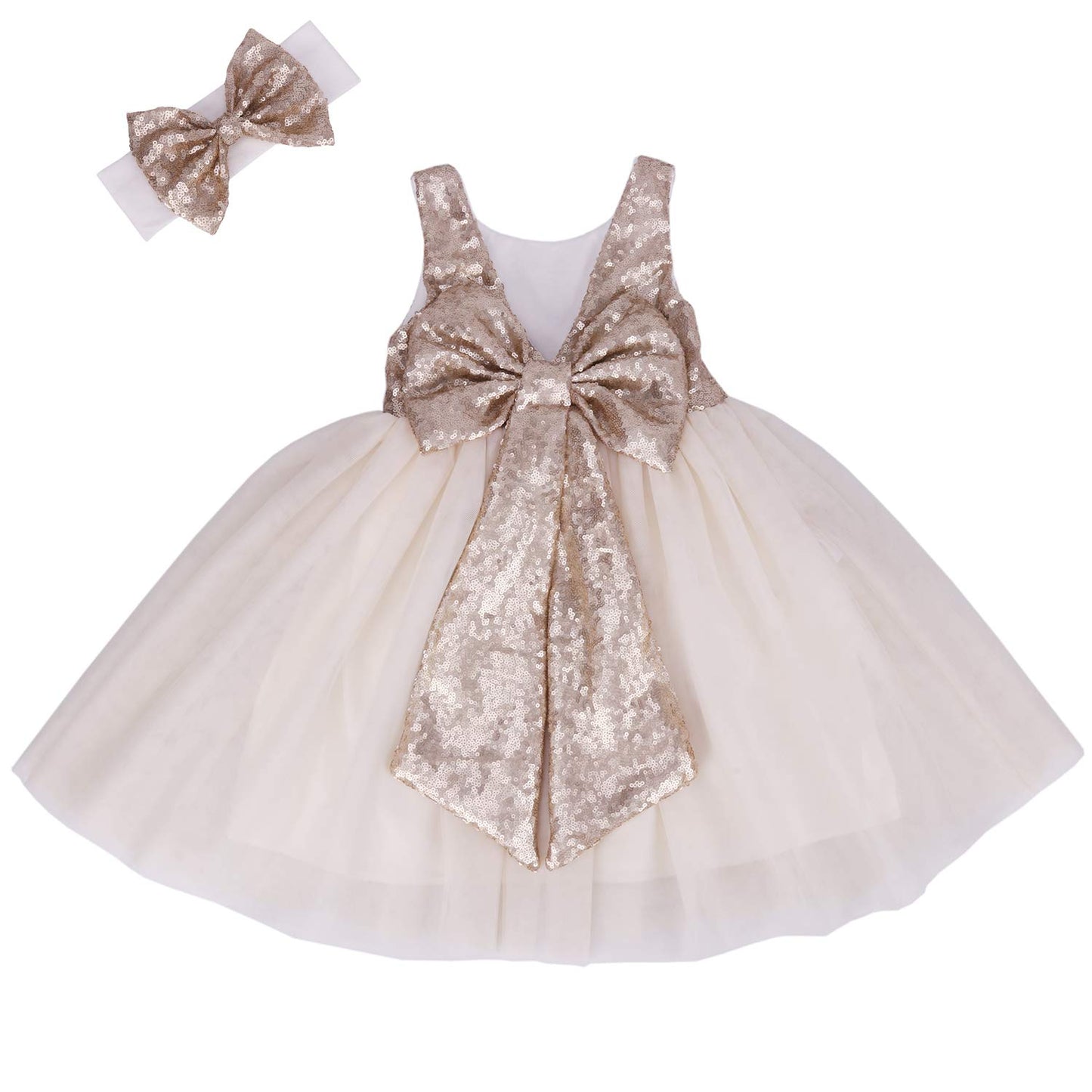 Cilucu Sequin Toddler Dress for Girls - Tulle Party & Wedding Gown - Champagne Off White 8 - dress