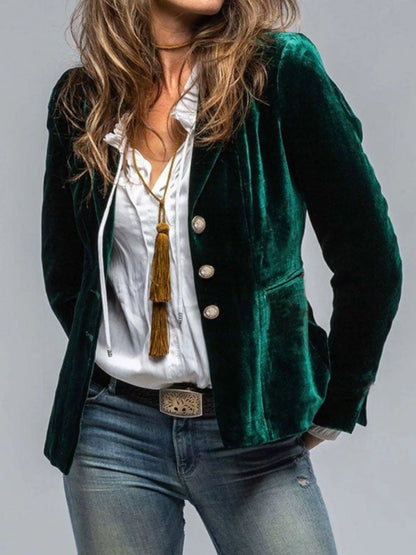 Velvet Lapel Collar Button Up Blazer - Dark Green -