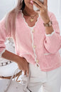 Contrast Trim V-Neck Long Sleeve Cardigan - Blush Pink -