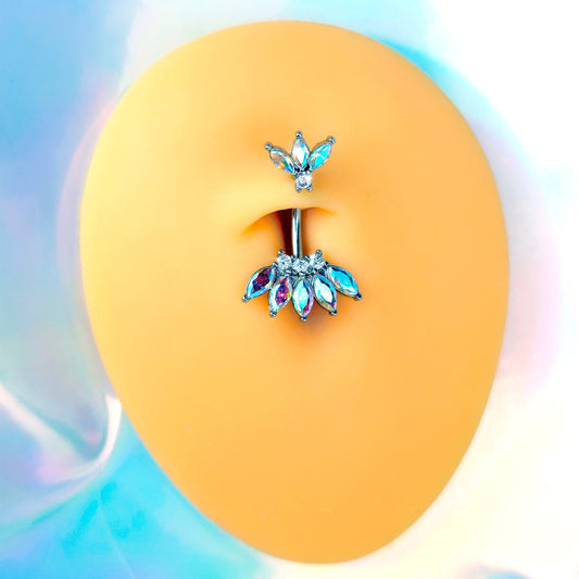 Clear Aurora Gem Fashion Fan Double Mount Belly Ring - - BELLY RING Double Mount