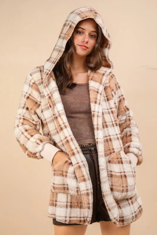 VERY J Fuzzy Plaid Long Sleeve Hooded Jacket - CAMEL MIX -