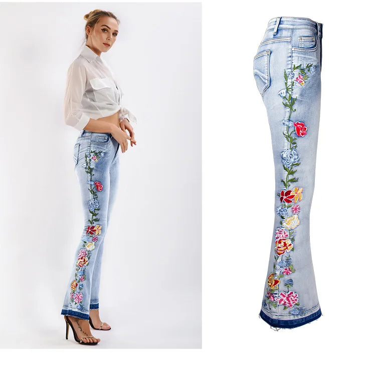 Women Flared Jean Mujer Embroidered Pants Flared Jean Extra Long Floral