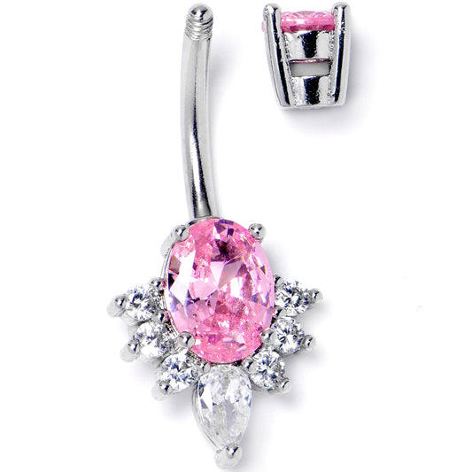 Pink Clear Gem Oh So Ornate Oval Double Mount Belly Ring - - BELLY RING Double Mount