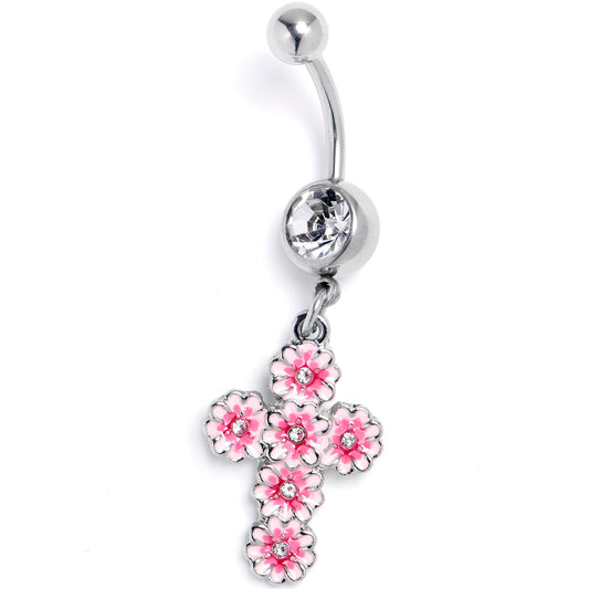 Clear Gem Passion for Pink Flower Cross Dangle Belly Ring - - BELLY RING Dangle