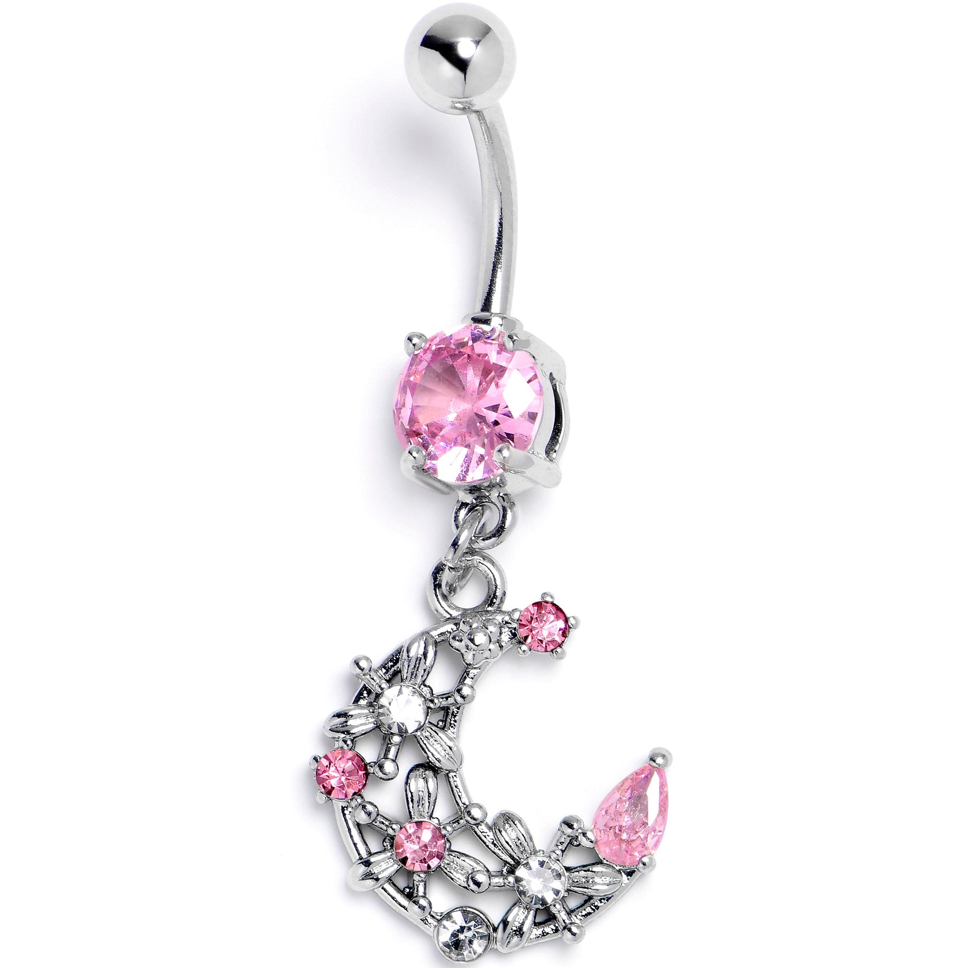 Pink Clear Gem Flower Moon Dangle Belly Ring - - BELLY RING Dangle