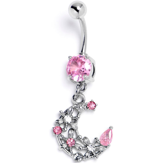 Pink Clear Gem Flower Moon Dangle Belly Ring - - BELLY RING Dangle