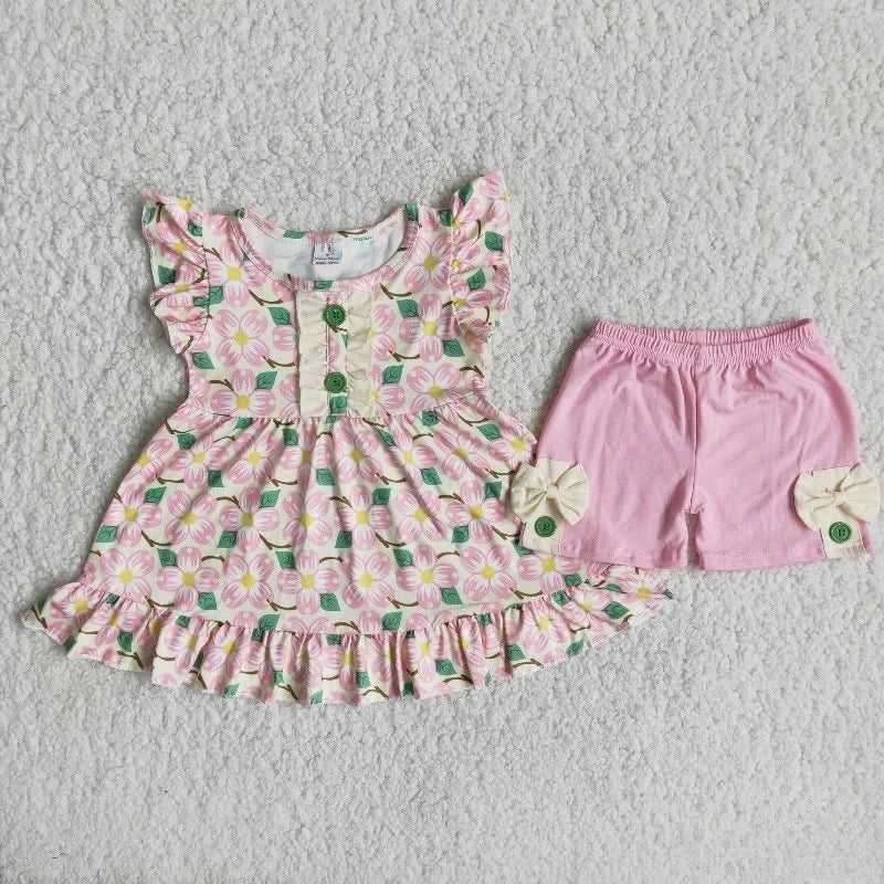 Flower Summer Pocket Ruffle Top and Shorts Set