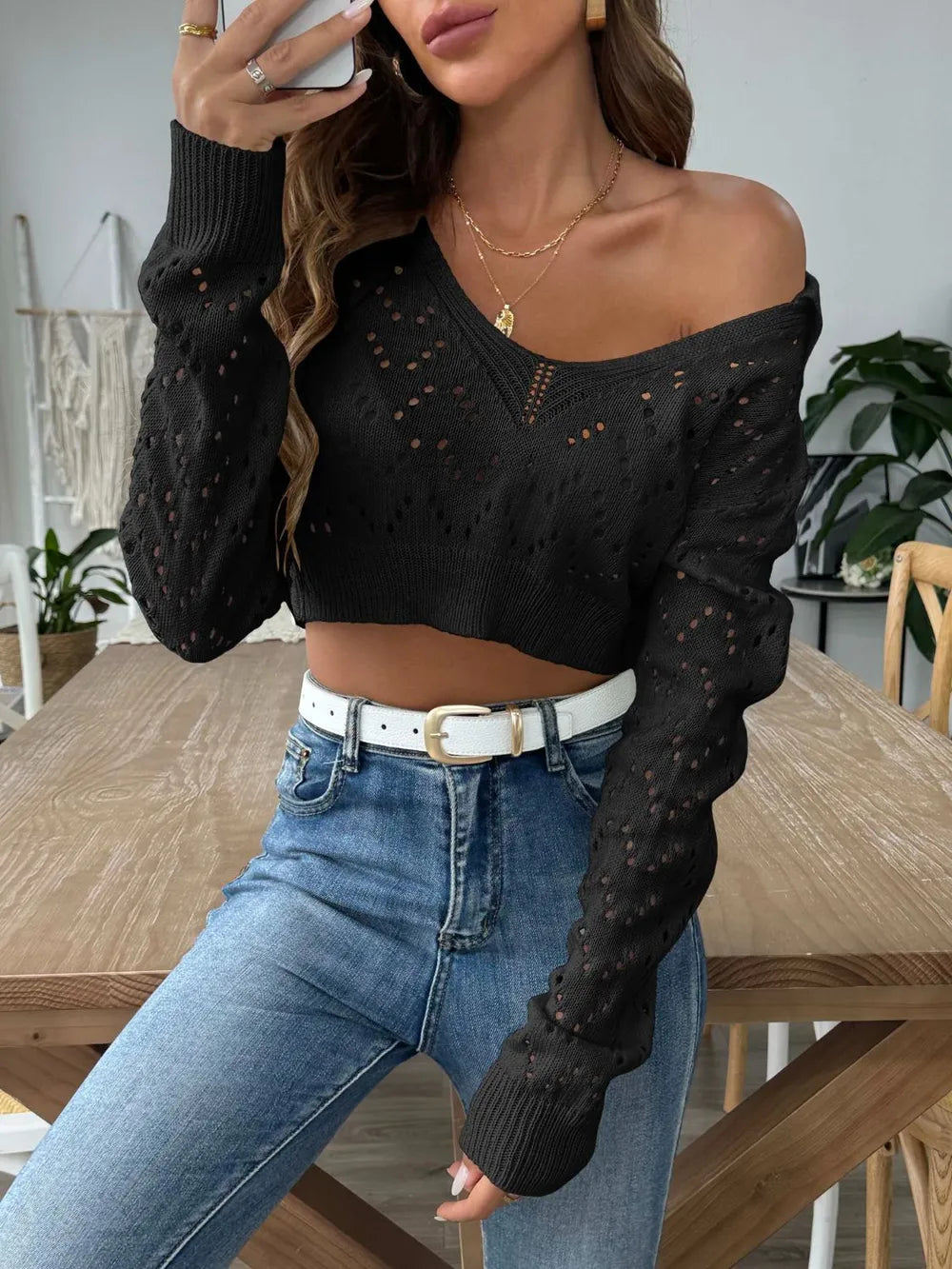 Openwork Collared Neck Long Sleeve Knit Top - -