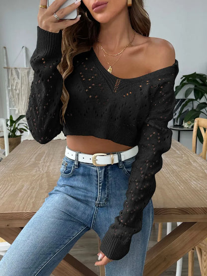 Openwork Collared Neck Long Sleeve Knit Top - -