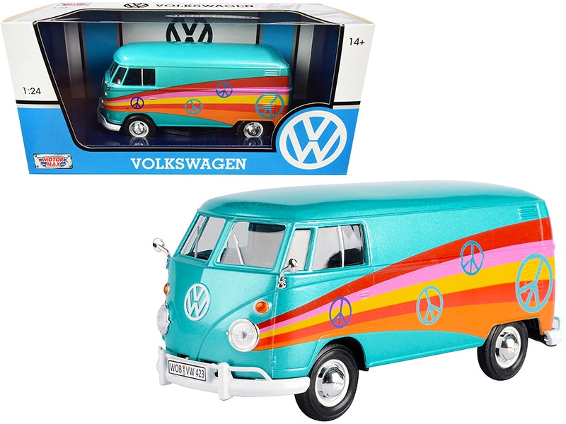 Volkswagen Type 2 (T1) Delivery Van "Peace" Turquoise Metallic 1/24 Diecast Model Car by Motormax - - Volkswagen Models