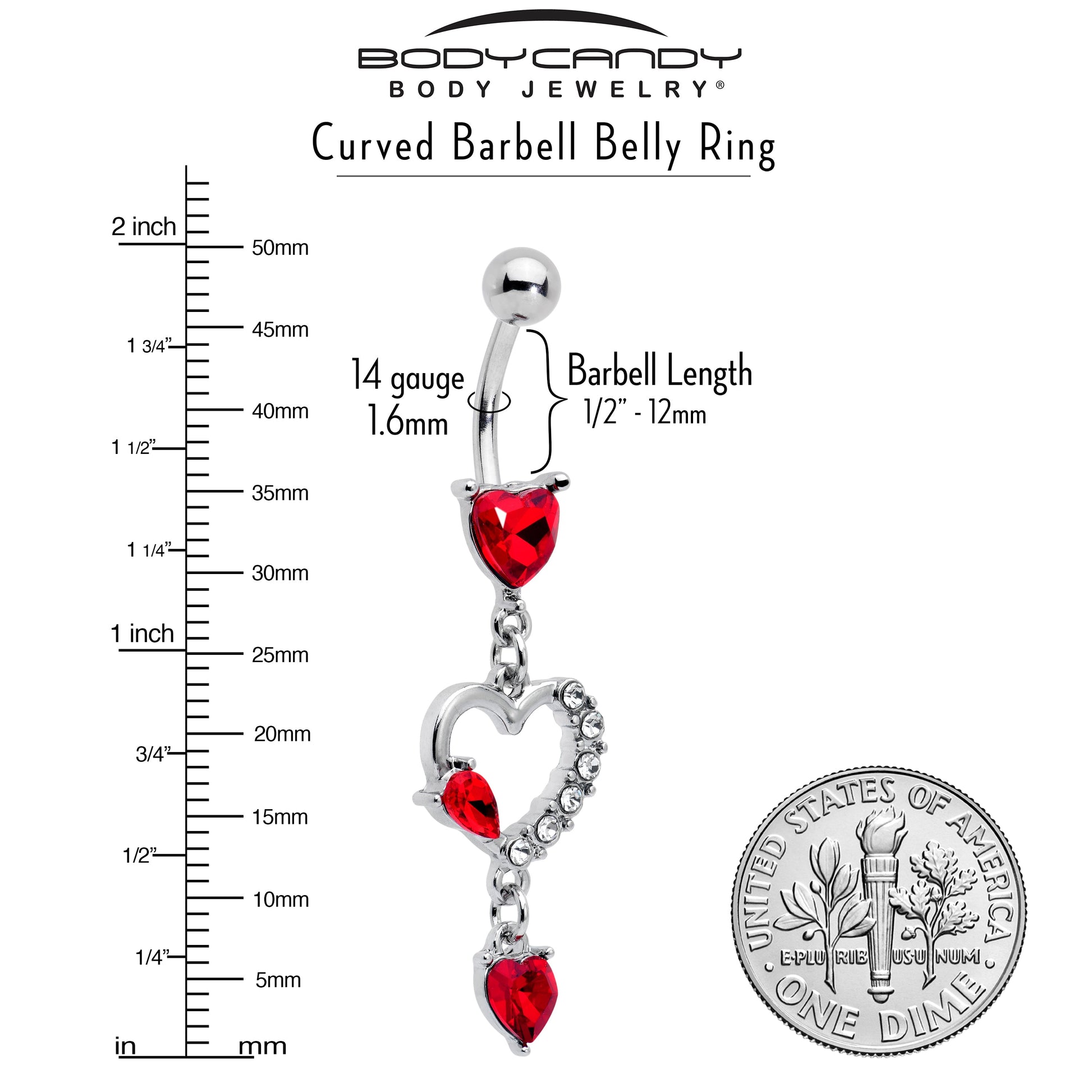 Clear Red CZ Gem Devilish Heart Dangle Belly Ring - - BELLY RING Dangle
