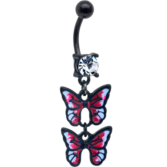 Clear CZ Gem Black Butterfly Duo Red Dangle Belly Ring - - BELLY RING Dangle