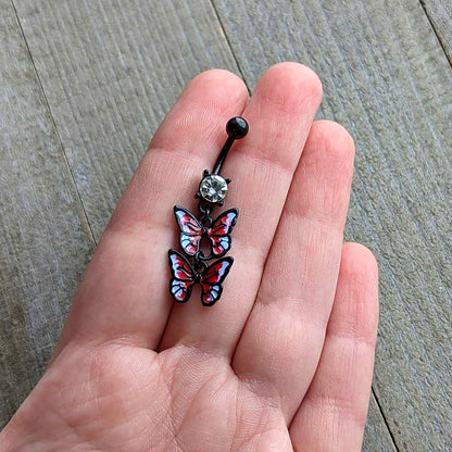 Clear CZ Gem Black Butterfly Duo Red Dangle Belly Ring - - BELLY RING Dangle
